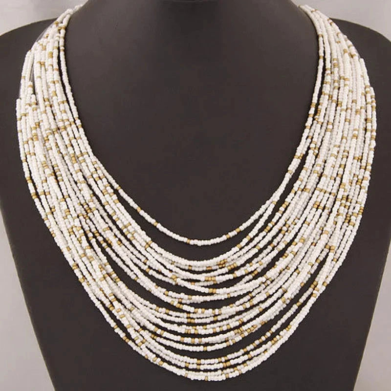 African Ethnic Multilayer Pendant Necklace White