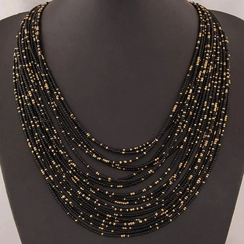 African Ethnic Multilayer Pendant Necklace Black