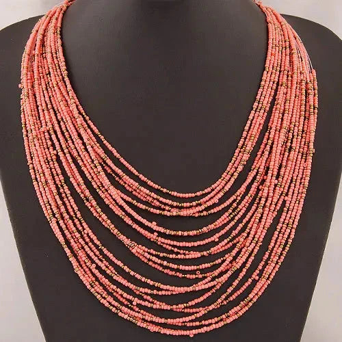 African Ethnic Multilayer Pendant Necklace Pink