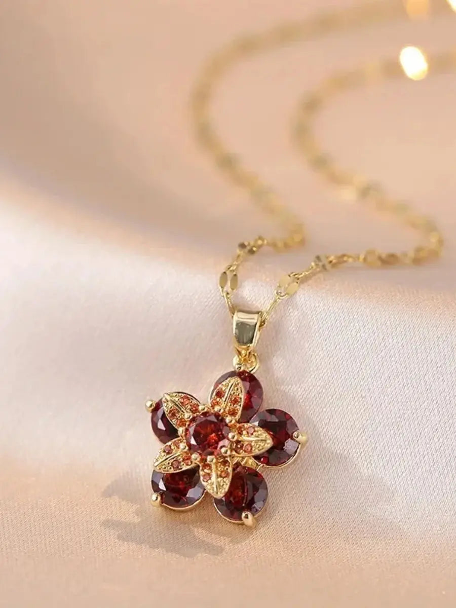 Colored Flower Pendant Necklace in Red Zircon