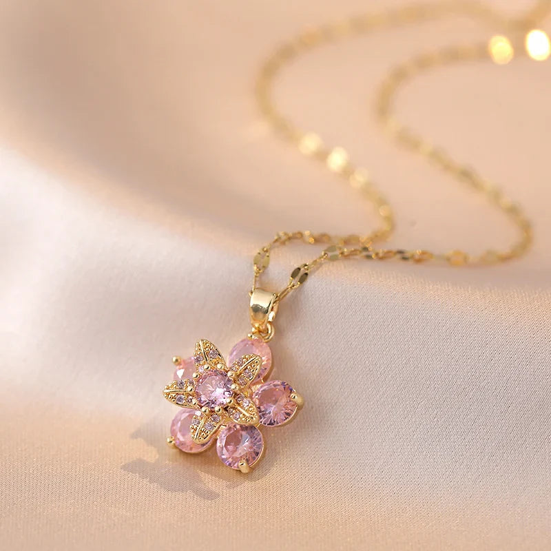 Colored Flower Pendant Necklace in Pink Zircon