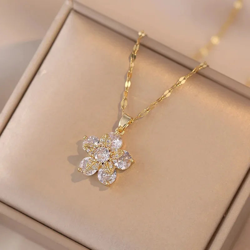 Colored Flower Pendant Necklace in White Zircon