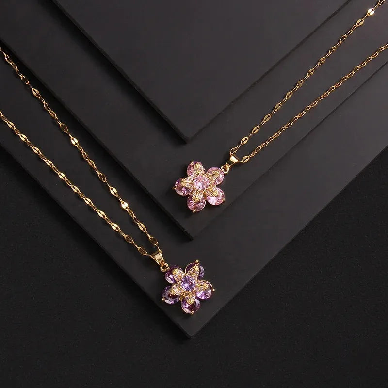 Colored Flower Pendant Necklace in Pink Zircon