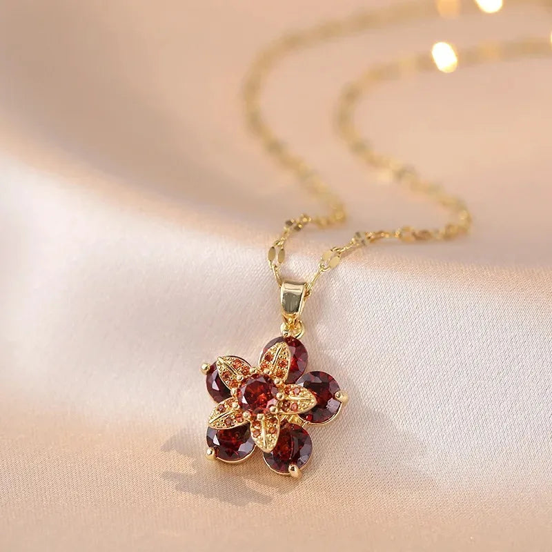 Colored Flower Pendant Necklace in Red Zircon