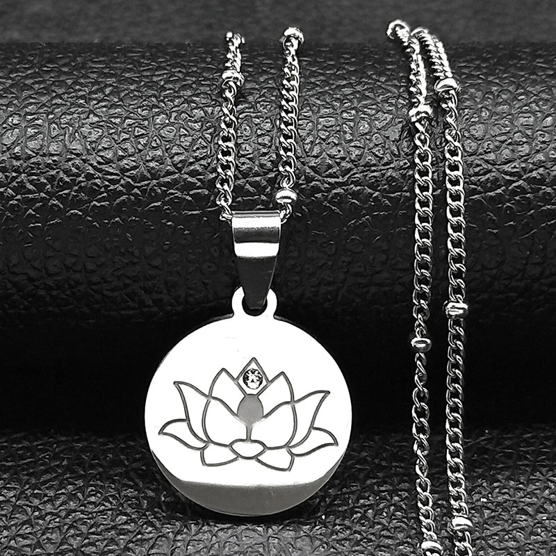 Lotus Flower Pendant Necklace Chain & Silver Medallion