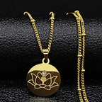 Lotus Flower Pendant Necklace Chain & Gold Medallion