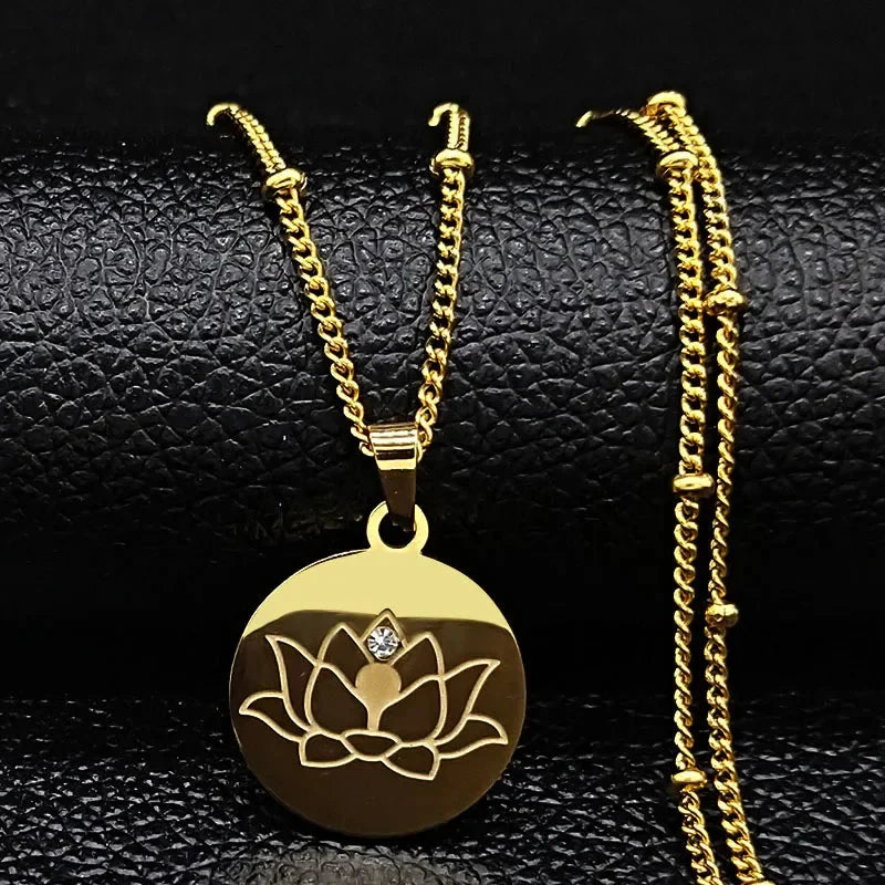 Lotus Flower Pendant Necklace Chain & Gold Medallion