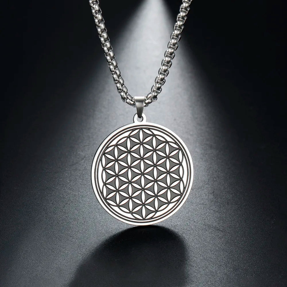 Silver Flower of Life Pendant Necklace for Men and Women