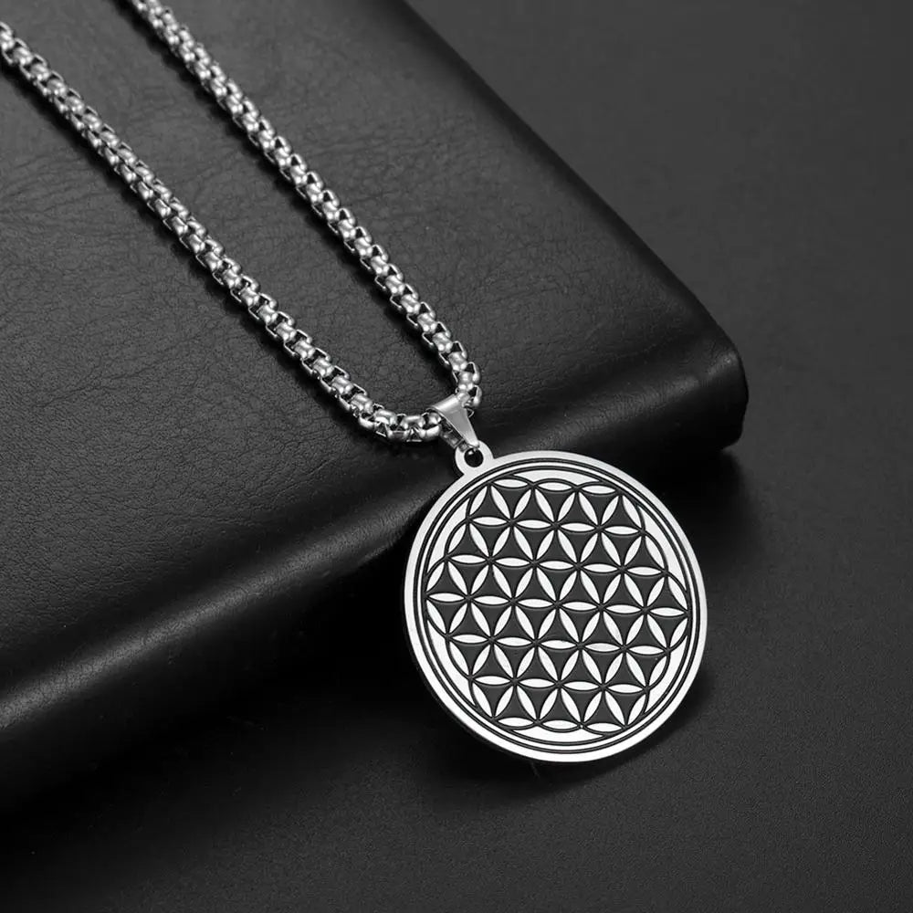 Silver Flower of Life Pendant Necklace for Men and Women