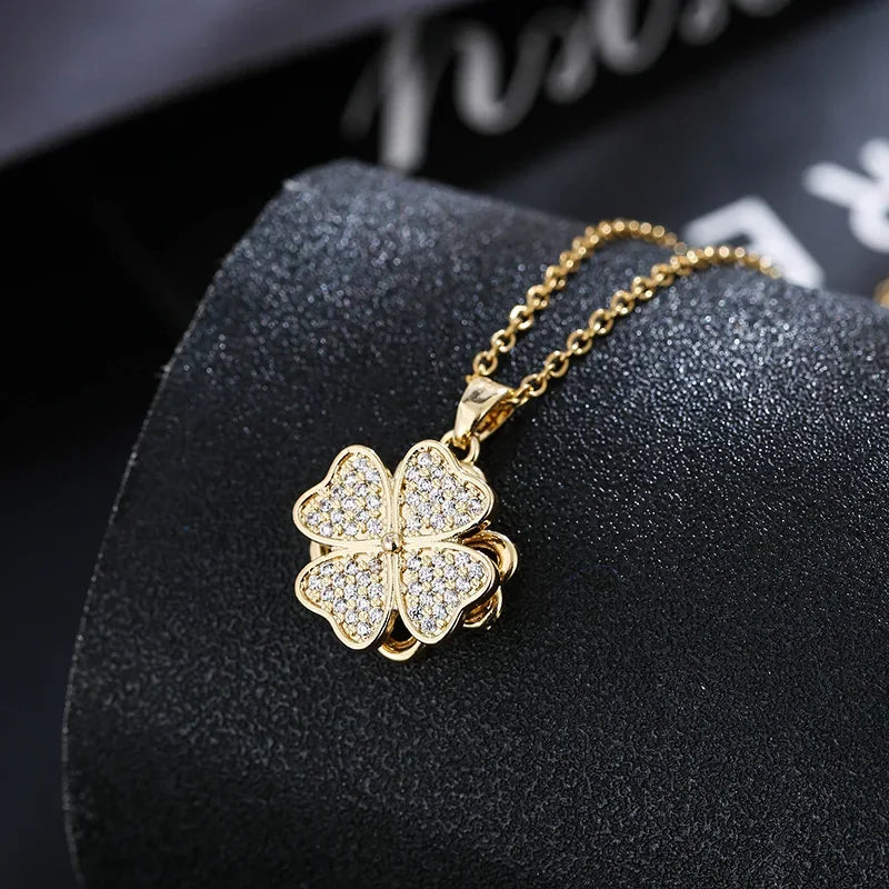 Rotating Flower Pendant Necklace in Gold Anti-Stress Zircon