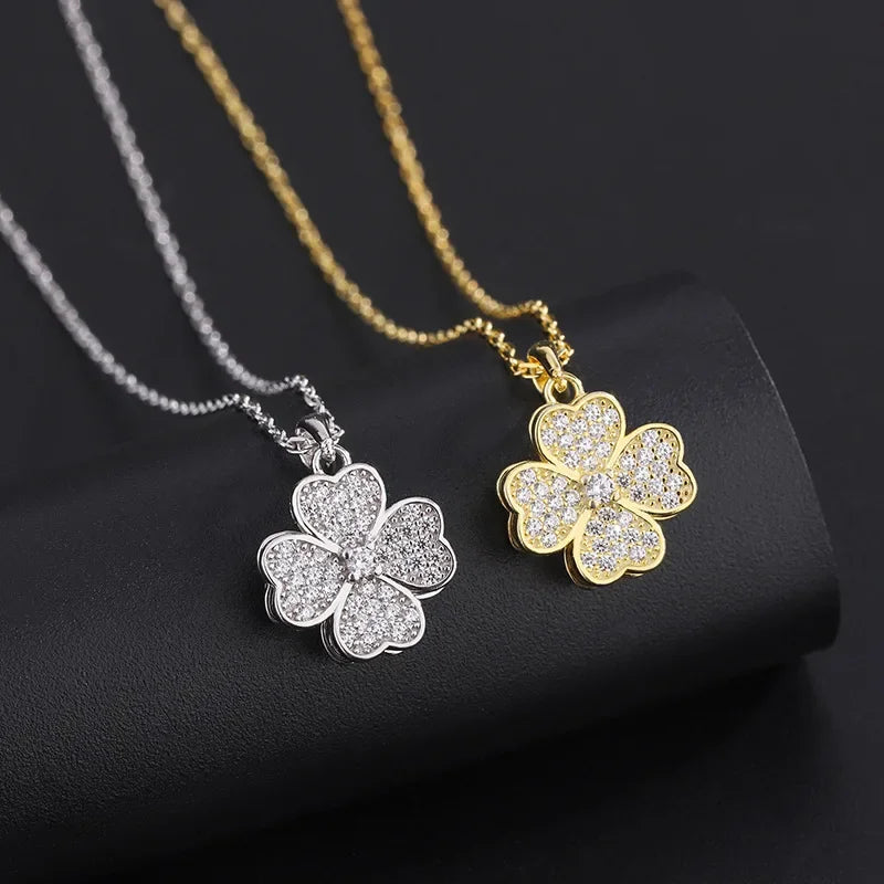 Rotating Flower Pendant Necklace in Silver Anti-Stress Zircon