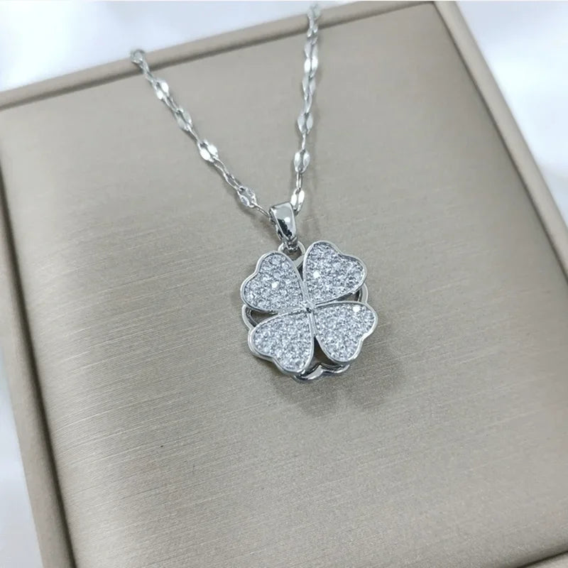 Rotating Flower Pendant Necklace in Silver Anti-Stress Zircon