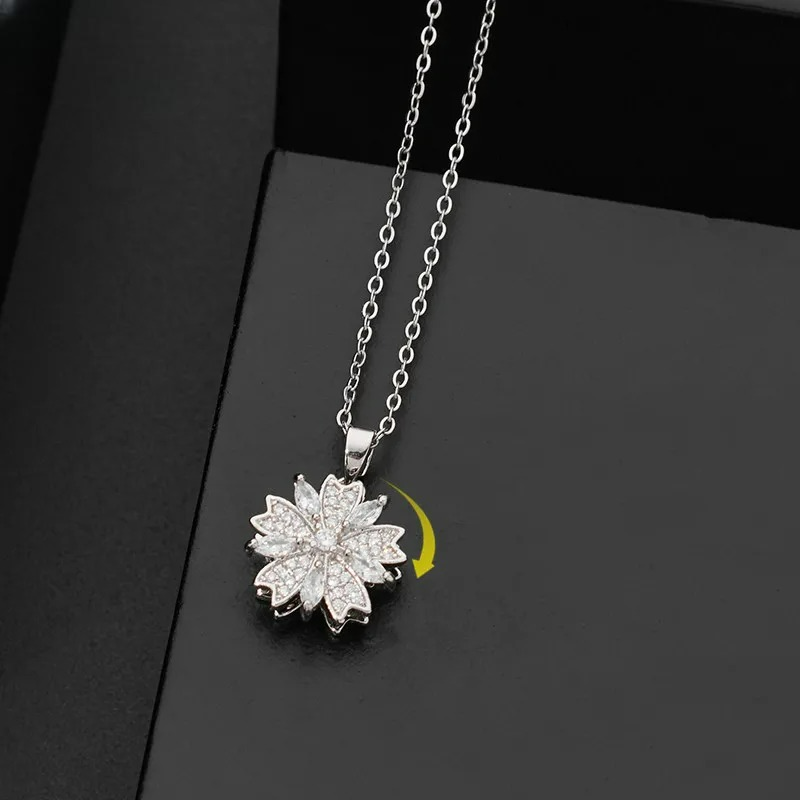 Rotating Flower Zircon Pendant Necklace Anti-Stress Silver