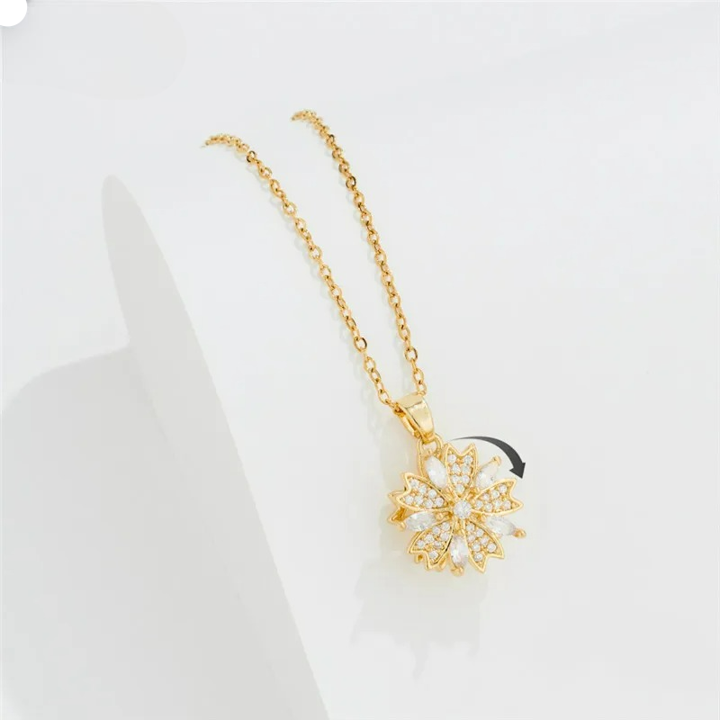 Rotating Flower Zircon Pendant Necklace Anti-Stress Gold