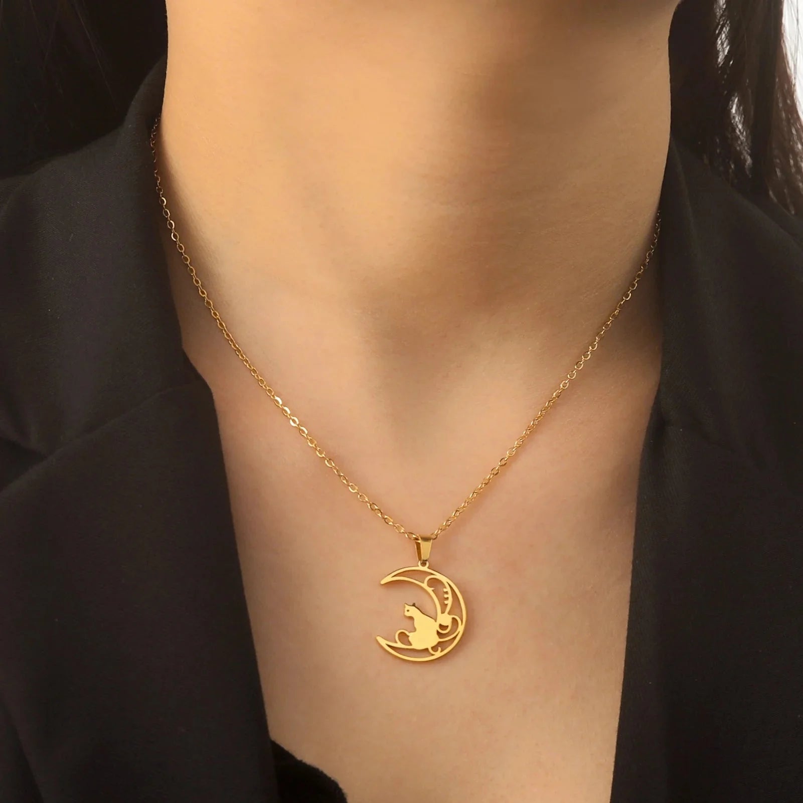 Gold Cat Moon Pendant Necklace