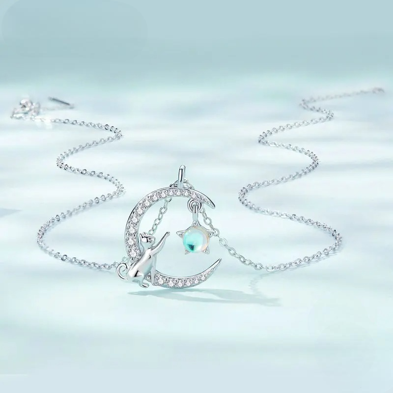 Moon Pendant Necklace with Zircon and Cat