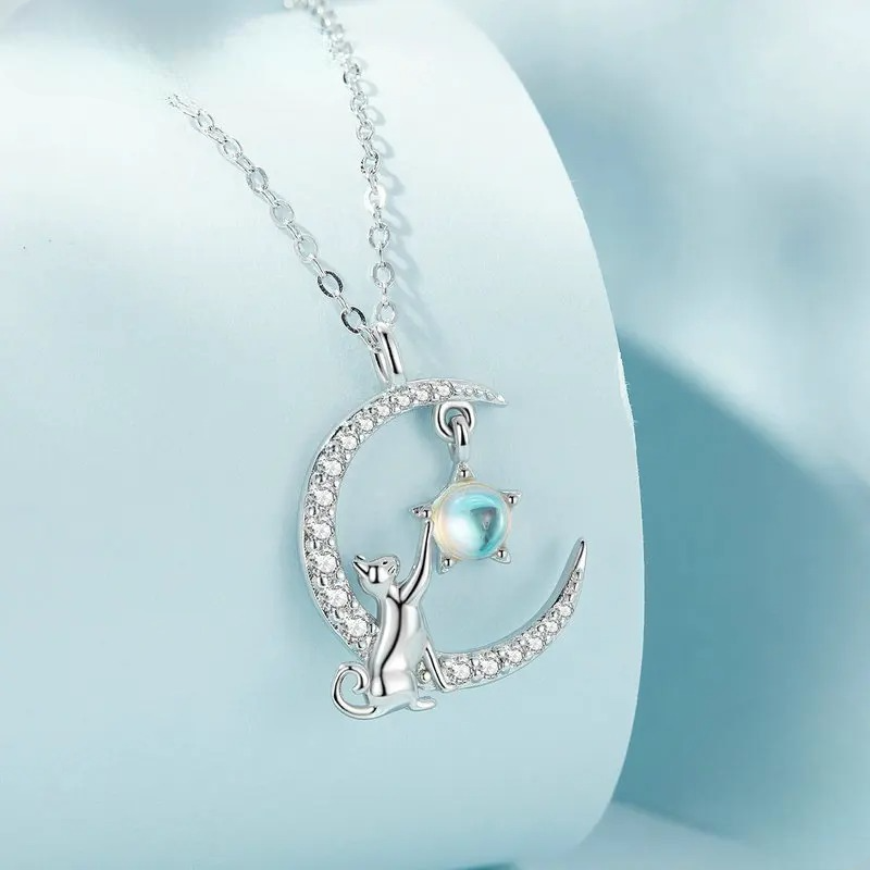 Moon Pendant Necklace with Zircon and Cat