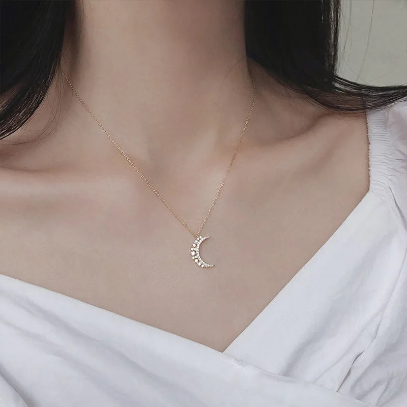 Moon Pendant Necklace in Zircon for Women gold
