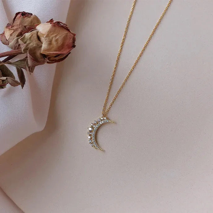 Moon Pendant Necklace in Zircon for Women gold