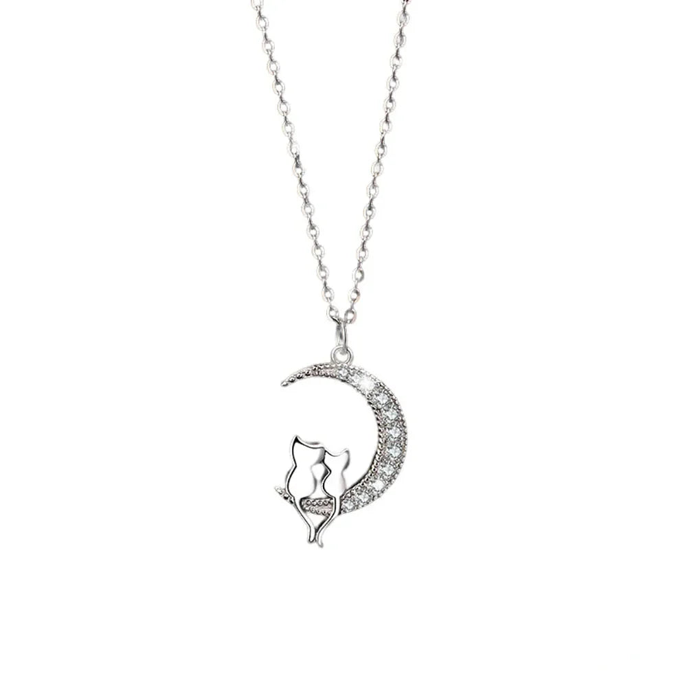 Moon and Cats Pendant Necklace with Crystal
