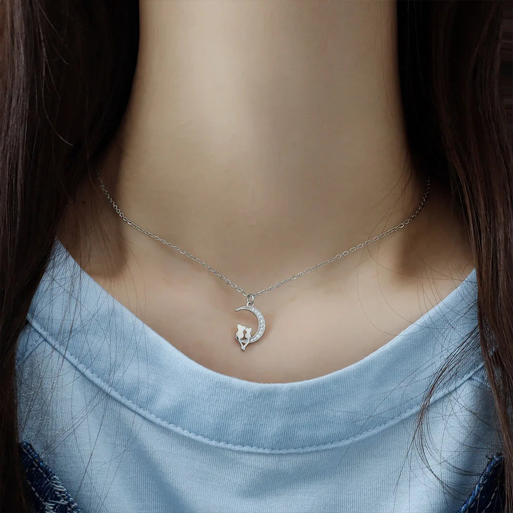 Moon and Cats Pendant Necklace with Crystal