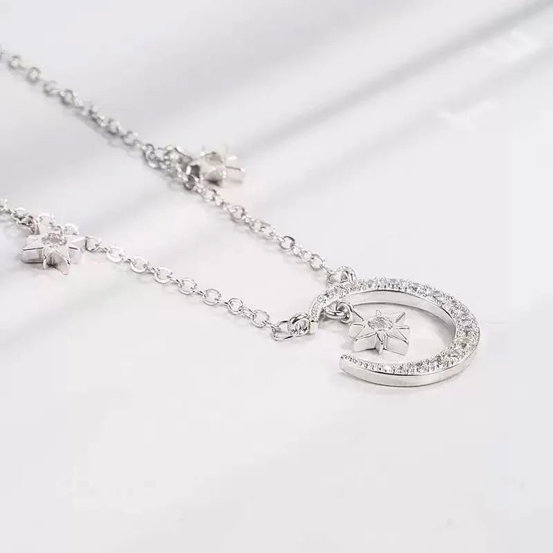 Moon and Star Pendant Necklace with Zircon for Women