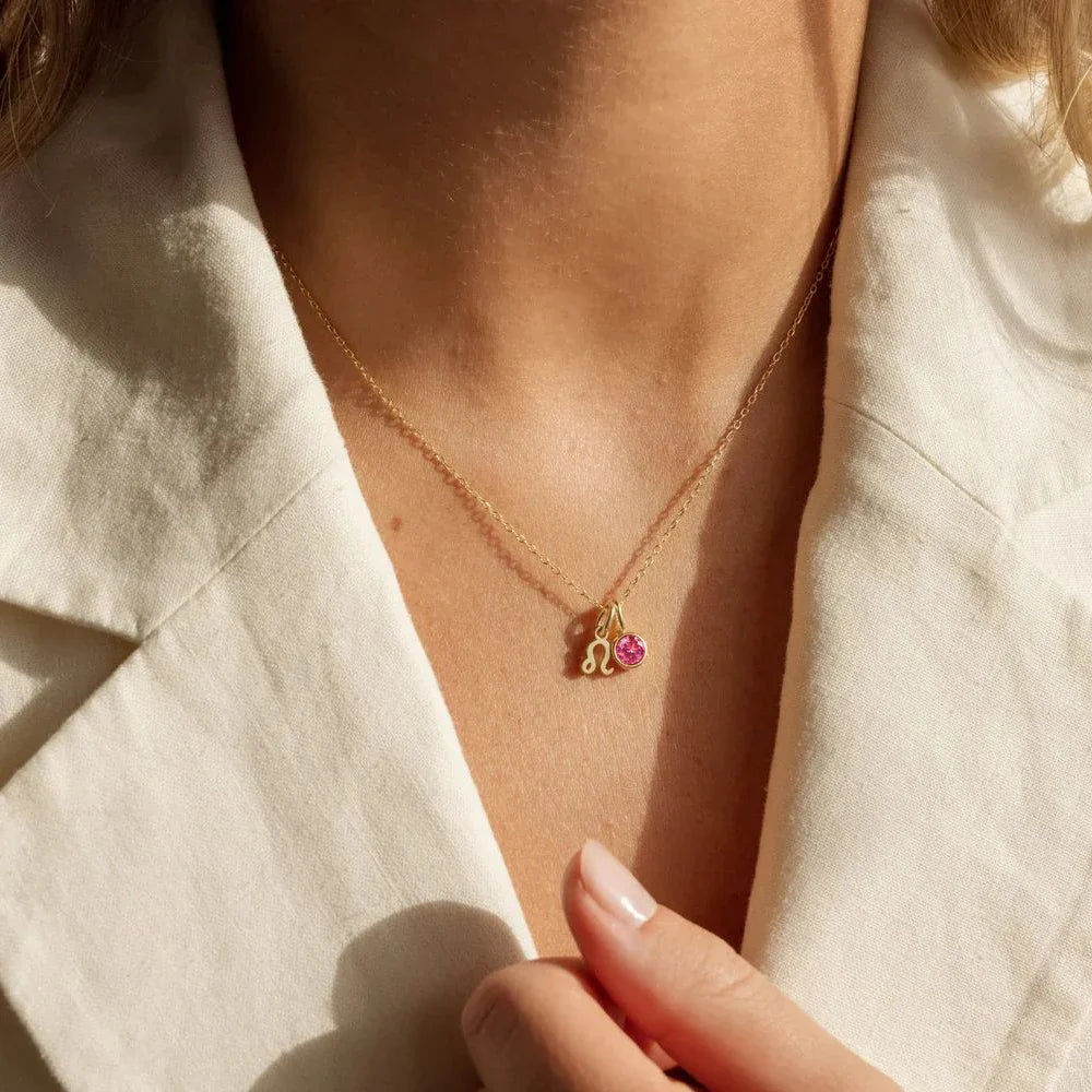 Birthstone Pendant Necklace with Zodiac Sign Silver & Gold