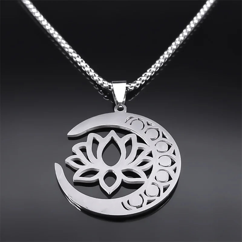 7 Chakras Stone Pendant Necklace Lotus Flower silver