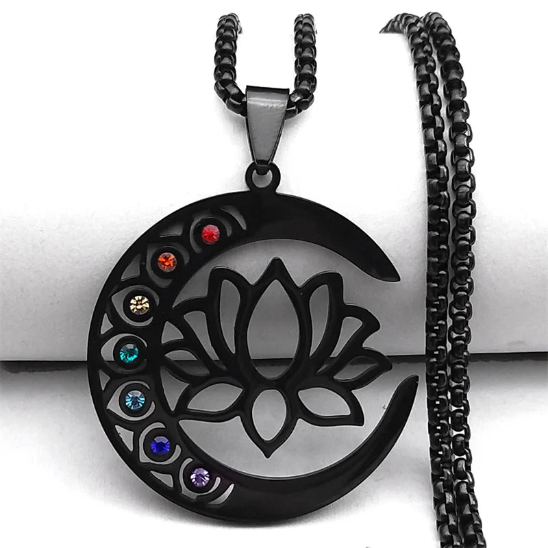 7 Chakras Stone Pendant Necklace Lotus Flower black
