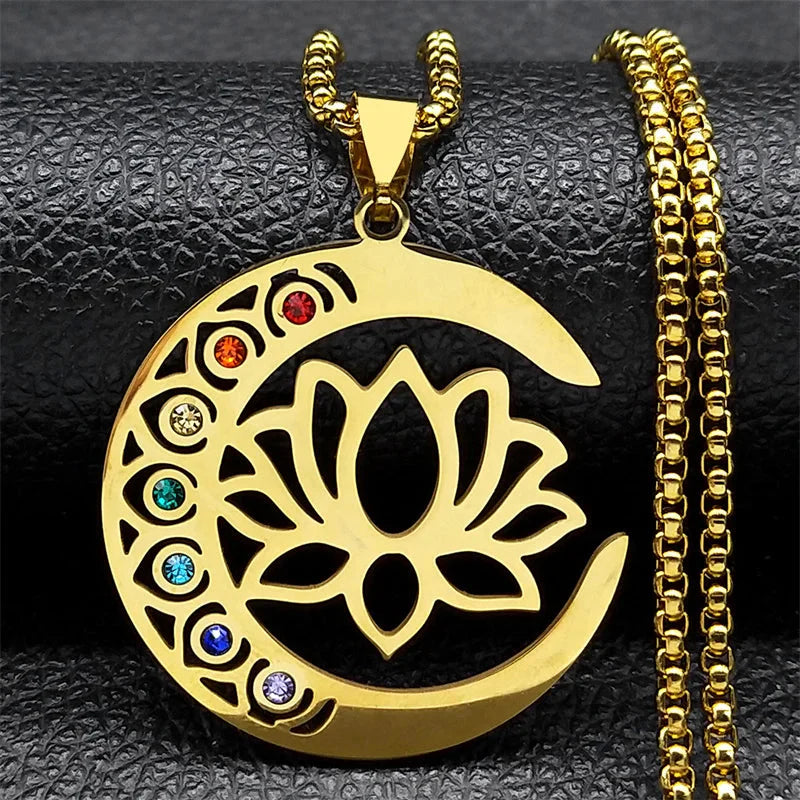 7 Chakras Stone Pendant Necklace Lotus Flower gold