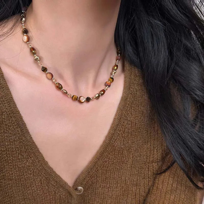 Tiger Eye Bead Choker Pendant Necklace A