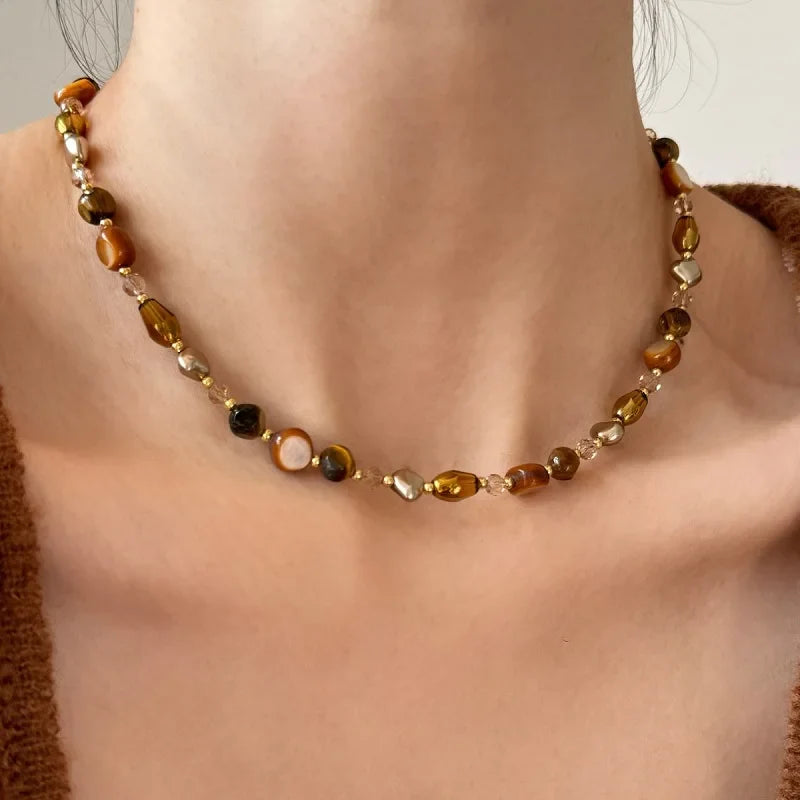 Tiger Eye Bead Choker Pendant Necklace A