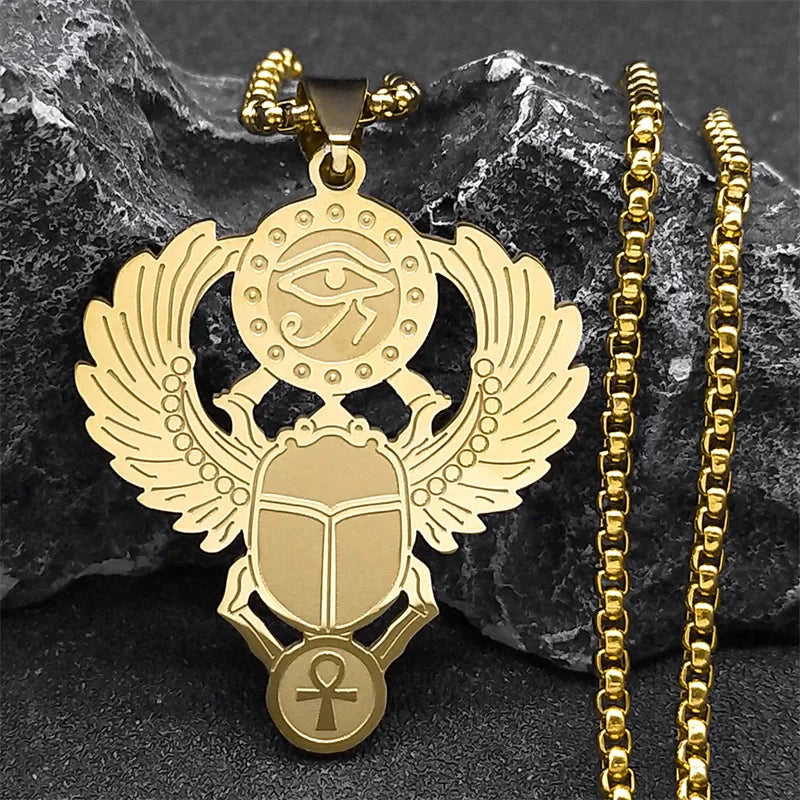 Egyptian Scarab Pendant Necklace Eye of Horus gold
