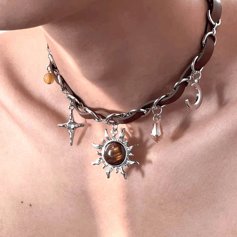 Sun Pendant Necklace with Punk Style Crystal