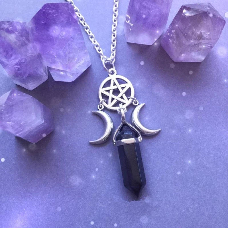 Triple Moon Pendant Necklace Wiccan Witchcraft Woman Black Pentacle