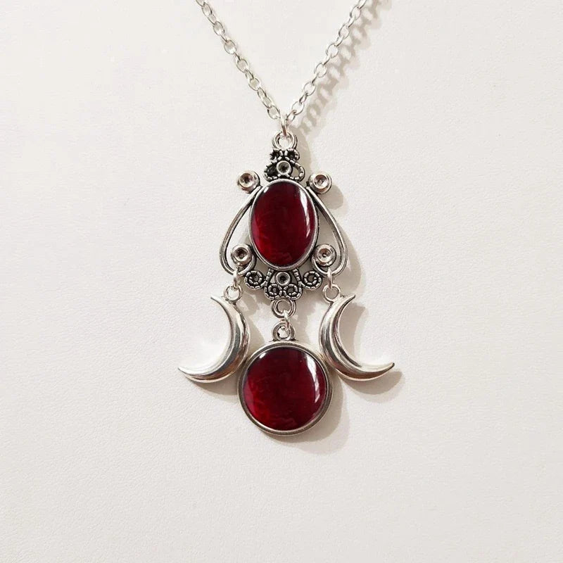 Triple Moon Pendant Necklace Witchcraft Wiccan Woman Red