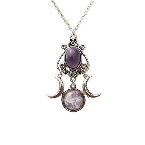 Triple Moon Pendant Necklace Witchcraft Wiccan Woman Purple