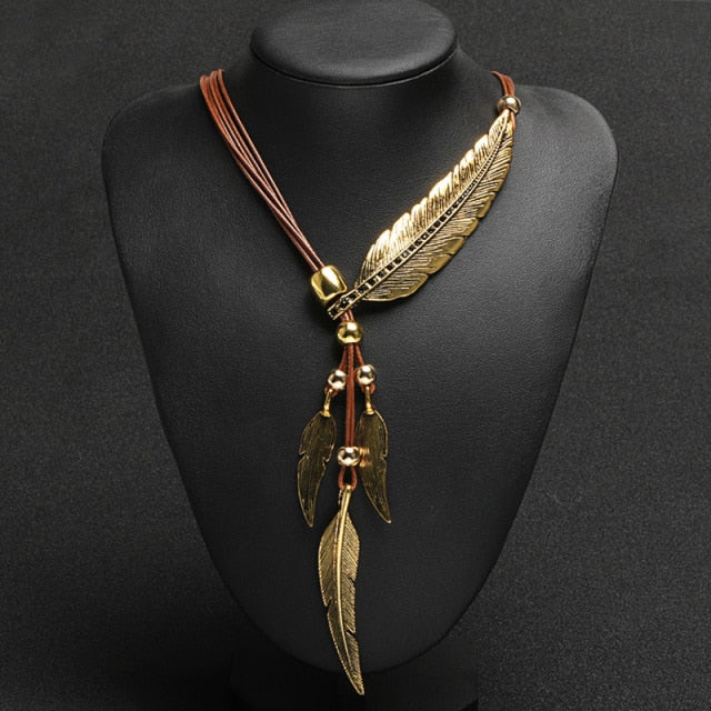 Women's Gold and Brown Feather Necklace