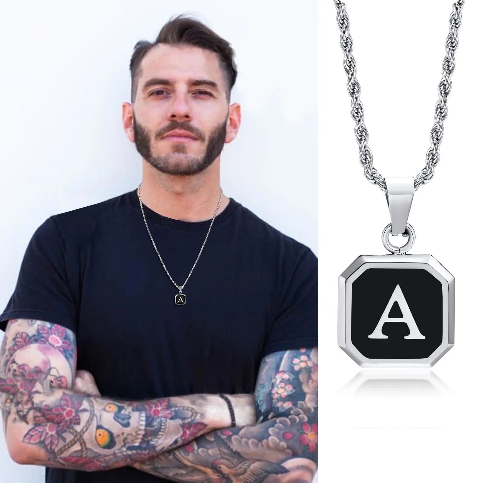 Collier homme avec pendentif hexagonale initiale