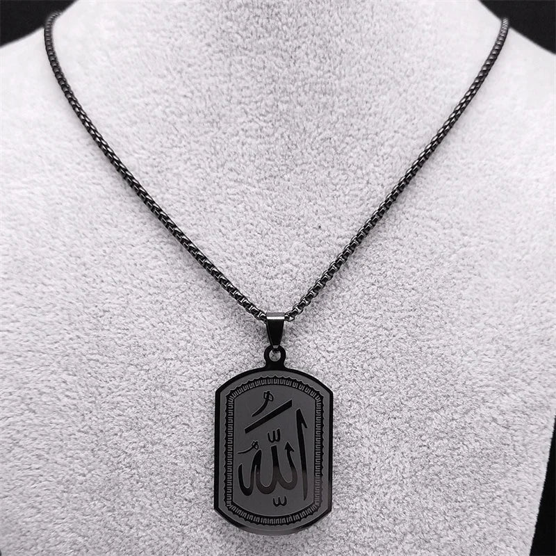 Collier pour homme ou femme avec pendentif hexagonale Allah arabe musulman islam noir 60 cm