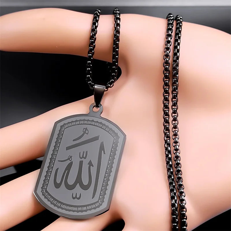Collier pour homme ou femme avec pendentif hexagonale Allah arabe musulman islam noir 60 cm