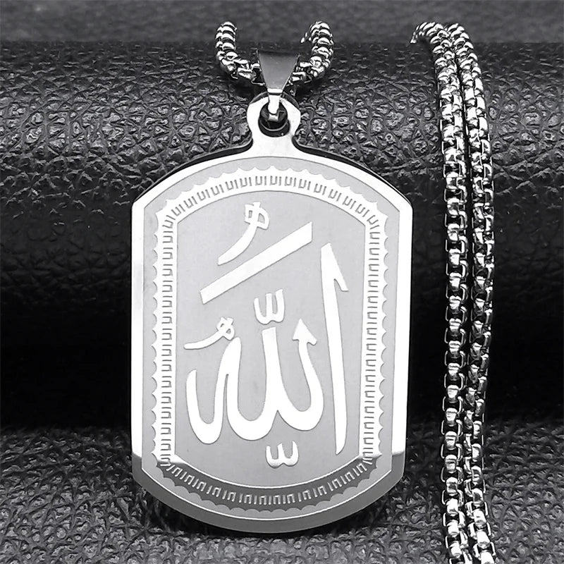 Collier pour homme ou femme avec pendentif hexagonale Allah arabe musulman islam argent 60 cm