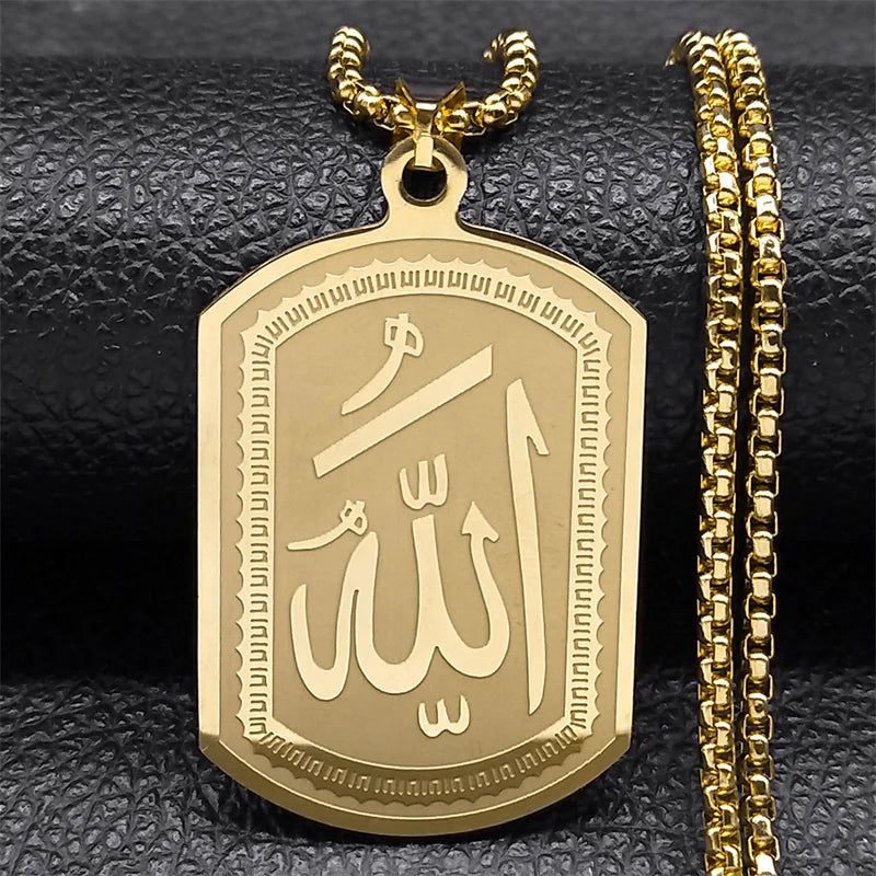 Collier pour homme ou femme avec pendentif hexagonale Allah arabe musulman islam or 60 cm