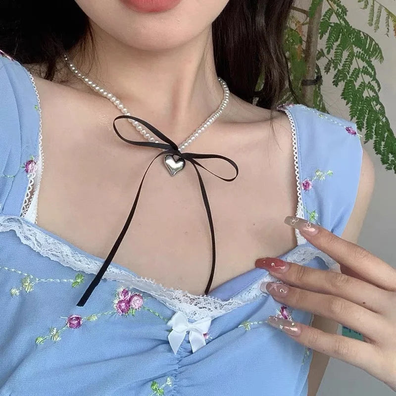 Choker Necklace with Heart Pendant and Black Beads