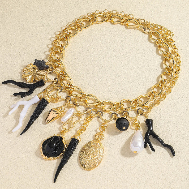 Choker Necklace with Coral and Shell Pendants