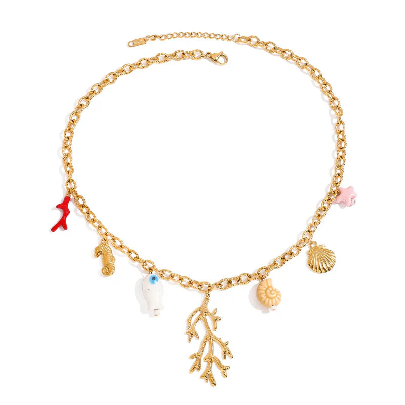 Choker Necklace with Coral and Shell Pendants for Women