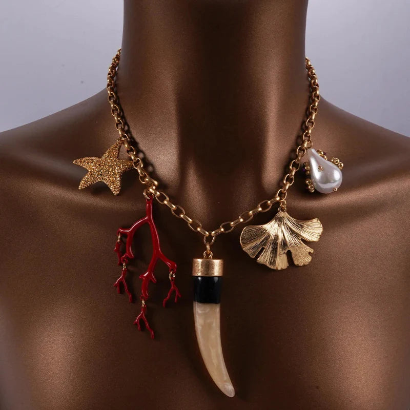 Choker Necklace with Coral and Shell Pendants