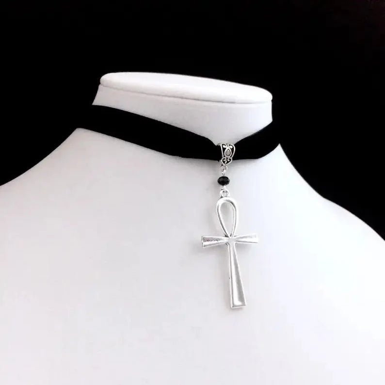Choker Necklace with Ankh Cross Pendant