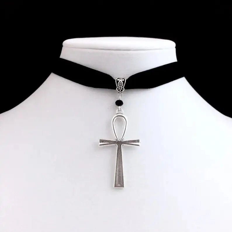 Choker Necklace with Ankh Cross Pendant