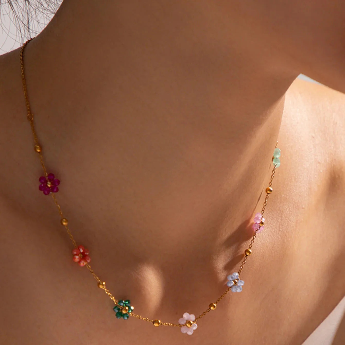 Choker Necklace with Colored Flower Pendant
